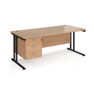 Maestro 25 straight desk 1800mm x 800mm with 3 drawer pedestal - black cantilever leg frame, beech top