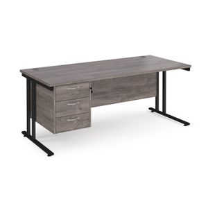 Maestro 25 straight desk 1800mm x 800mm with 3 drawer pedestal - black cantilever leg frame, grey oak top