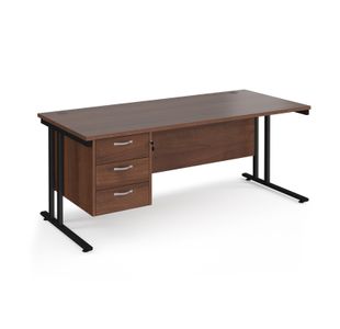 Maestro 25 straight desk 1800mm x 800mm with 3 drawer pedestal - black cantilever leg frame, walnut top