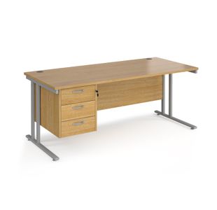 Maestro 25 straight desk 1800mm x 800mm with 3 drawer pedestal - silver cantilever leg frame, oak top