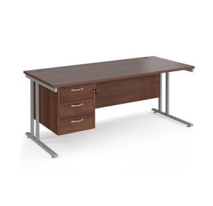 Maestro 25 straight desk 1800mm x 800mm with 3 drawer pedestal - silver cantilever leg frame, walnut top