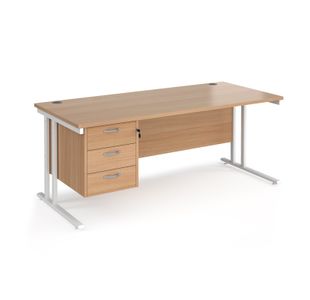 Maestro 25 straight desk 1800mm x 800mm with 3 drawer pedestal - white cantilever leg frame, beech top