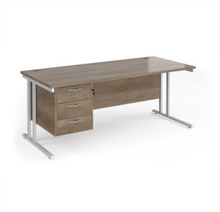 Maestro 25 straight desk 1800mm x 800mm with 3 drawer pedestal - white cantilever leg frame, Nebraska oak top