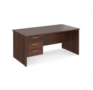 Maestro 25 straight desk 1600mm x 800mm with 3 drawer pedestal - walnut top with panel end leg