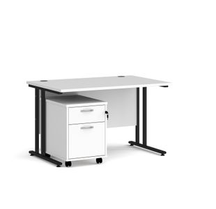 Maestro 25 straight desk 1200mm x 800mm with black cantilever frame and 2 drawer pedestal - white