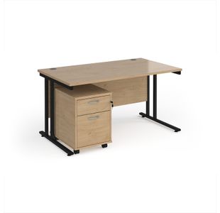 Maestro 25 straight desk 1400mm x 800mm with black cantilever frame and 2 drawer pedestal - Kendal Oak