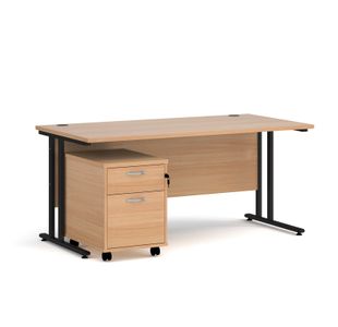 Maestro 25 straight desk 1600mm x 800mm with black cantilever frame and 2 drawer pedestal - beech