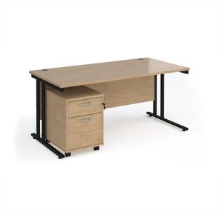 Maestro 25 straight desk 1600mm x 800mm with black cantilever frame and 2 drawer pedestal - Kendal Oak