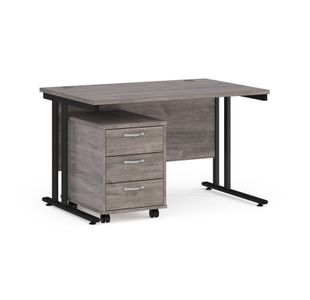 Maestro 25 straight desk 1200mm x 800mm with black cantilever frame and 3 drawer pedestal - grey oak