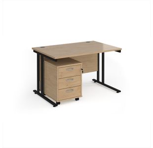 Maestro 25 straight desk 1200mm x 800mm with black cantilever frame and 3 drawer pedestal - Kendal Oak