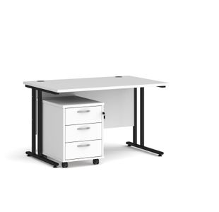 Maestro 25 straight desk 1200mm x 800mm with black cantilever frame and 3 drawer pedestal - white