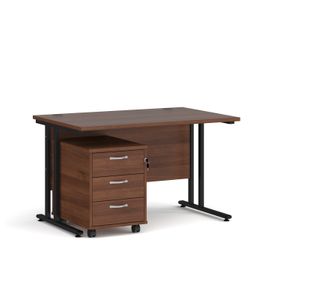Maestro 25 straight desk 1200mm x 800mm with black cantilever frame and 3 drawer pedestal - walnut