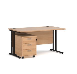 Maestro 25 straight desk 1400mm x 800mm with black cantilever frame and 3 drawer pedestal - beech