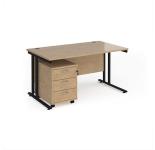 Maestro 25 straight desk 1400mm x 800mm with black cantilever frame and 3 drawer pedestal - Kendal Oak