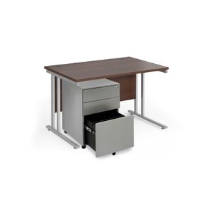 Maestro 25 bundle straight 1200 desk, silver leg frame and silver steel ped - Walnut
