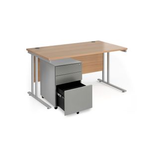 Maestro 25 bundle straight 1400 desk, silver leg frame and silver steel ped - Beech