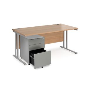 Maestro 25 bundle straight 1600 desk, silver leg frame and silver steel ped - Beech