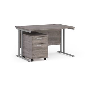 Maestro 25 straight desk 1200mm x 800mm with silver cantilever frame and 2 drawer pedestal - grey oak