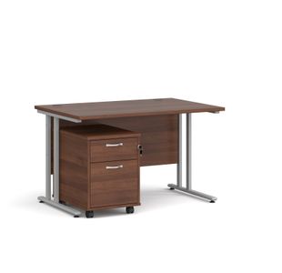 Maestro 25 straight desk 1200mm x 800mm with silver cantilever frame and 2 drawer pedestal - walnut