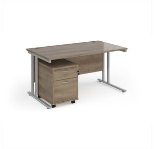 Maestro 25 straight desk 1400mm x 800mm with silver cantilever frame and 2 drawer pedestal - Nebraska Oak