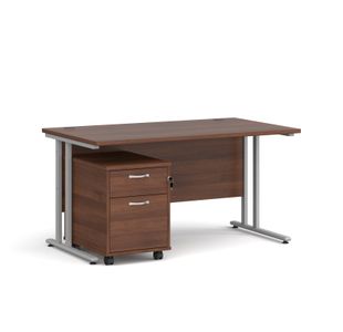 Maestro 25 straight desk 1400mm x 800mm with silver cantilever frame and 2 drawer pedestal - walnut