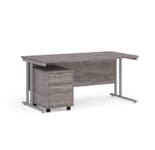 Maestro 25 straight desk 1600mm x 800mm with silver cantilever frame and 2 drawer pedestal - grey oak