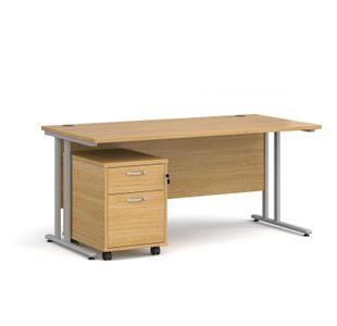 Maestro 25 straight desk 1600mm x 800mm with silver cantilever frame and 2 drawer pedestal - oak