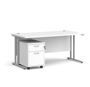 Maestro 25 straight desk 1600mm x 800mm with silver cantilever frame and 2 drawer pedestal - white