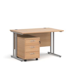 Maestro 25 straight desk 1200mm x 800mm with silver cantilever frame and 3 drawer pedestal - beech