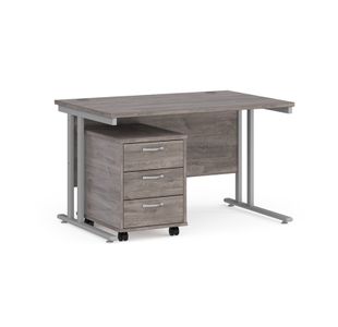 Maestro 25 straight desk 1200mm x 800mm with silver cantilever frame and 3 drawer pedestal - grey oak
