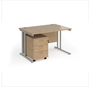 Maestro 25 straight desk 1200mm x 800mm with silver cantilever frame and 3 drawer pedestal - Kendal Oak