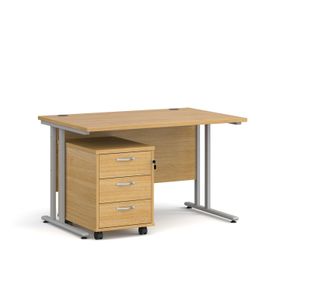 Maestro 25 straight desk 1200mm x 800mm with silver cantilever frame and 3 drawer pedestal - oak