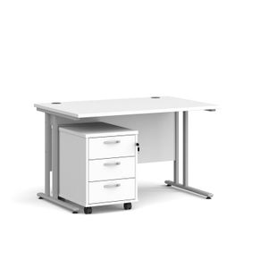 Maestro 25 straight desk 1200mm x 800mm with silver cantilever frame and 3 drawer pedestal - white