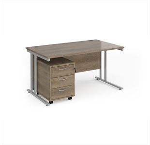 Maestro 25 straight desk 1400mm x 800mm with silver cantilever frame and 3 drawer pedestal - Nebraska Oak