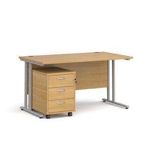 Maestro 25 straight desk 1400mm x 800mm with silver cantilever frame and 3 drawer pedestal - oak