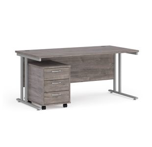 Maestro 25 straight desk 1600mm x 800mm with silver cantilever frame and 3 drawer pedestal - grey oak