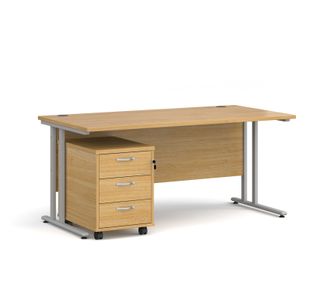 Maestro 25 straight desk 1600mm x 800mm with silver cantilever frame and 3 drawer pedestal - oak