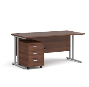 Maestro 25 straight desk 1600mm x 800mm with silver cantilever frame and 3 drawer pedestal - walnut