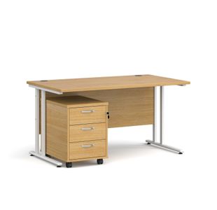 Maestro 25 straight desk 1400mm x 800mm with white cantilever frame and 3 drawer pedestal - oak