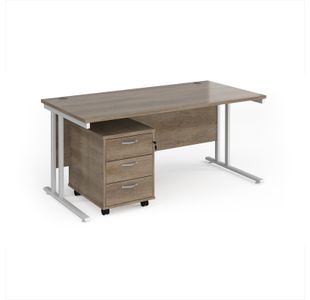 Maestro 25 straight desk 1600mm x 800mm with white cantilever frame and 3 drawer pedestal - Nebraska Oak