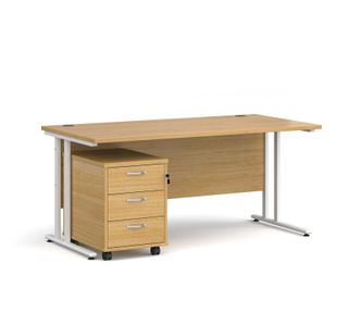 Maestro 25 straight desk 1600mm x 800mm with white cantilever frame and 3 drawer pedestal - oak