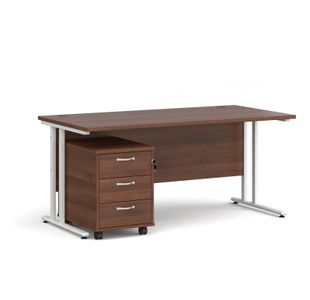 Maestro 25 straight desk 1600mm x 800mm with white cantilever frame and 3 drawer pedestal - walnut