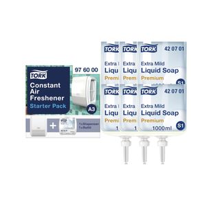 Tork Extra Mild Liquid Soap Refill S1 Non Perfumed 1L (Pack of 6) + FREE Air Freshener Pack