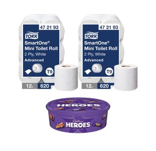 Tork SmartOne T9 Mini Toilet Roll 2-Ply x12 Buy 2 FOC Cadbury Heroes