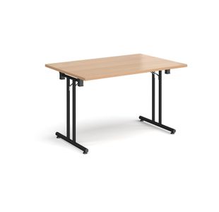 Rectangular folding leg table with black legs and straight foot rails 1200mm x 800mm - beech