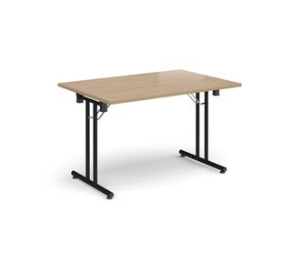 Rectangular folding leg table with black legs and straight foot rails 1200mm x 800mm - Kendal Oak