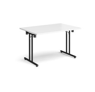 Rectangular folding leg table with black legs and straight foot rails 1200mm x 800mm - white