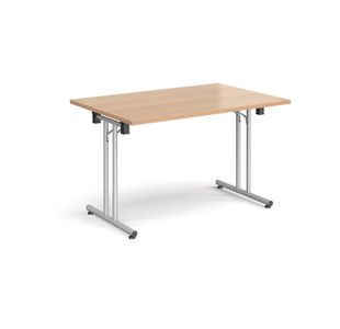 Rectangular folding leg table with silver legs and straight foot rails 1200mm x 800mm - beech