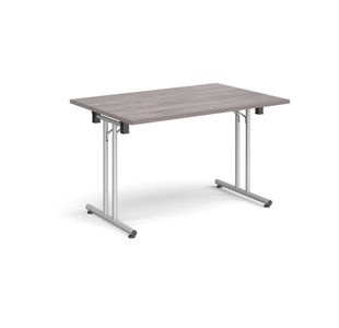 Rectangular folding leg table with silver legs and straight foot rails 1200mm x 800mm - grey oak