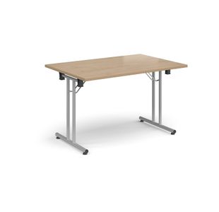 Rectangular folding leg table with silver legs and straight foot rails 1200mm x 800mm - Kendal Oak